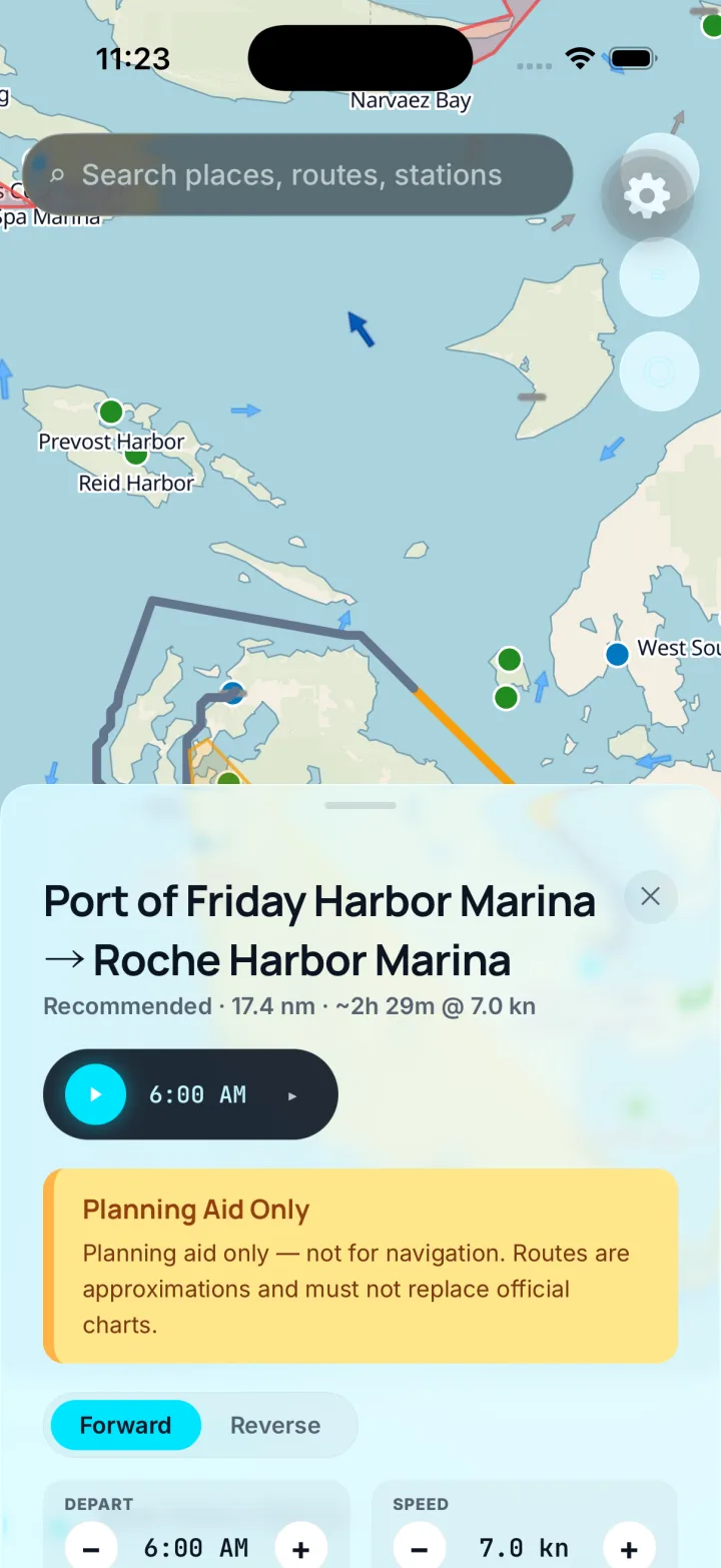 A route with conditions and playback in the BoatRoutes app