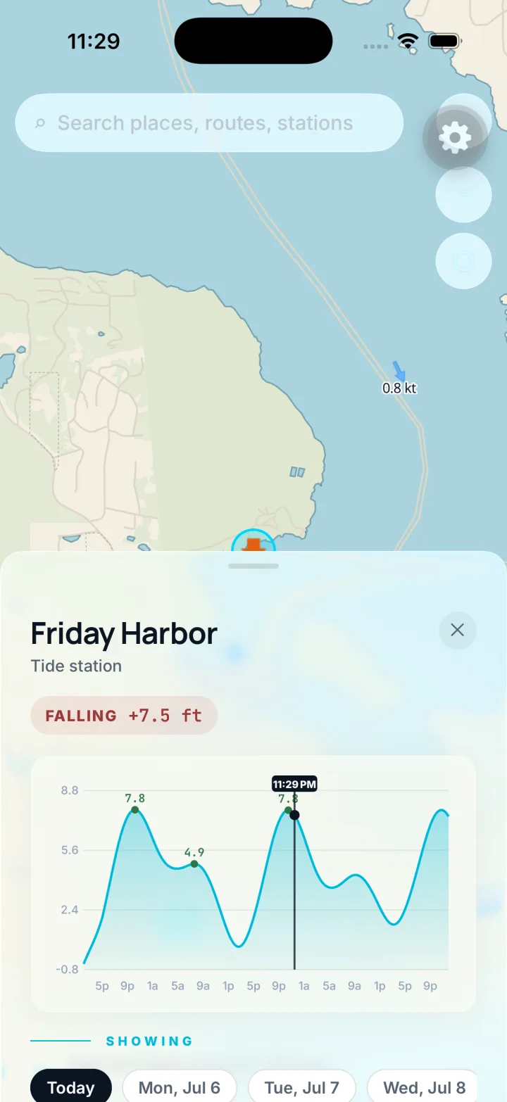 A tide station chart in the BoatRoutes app