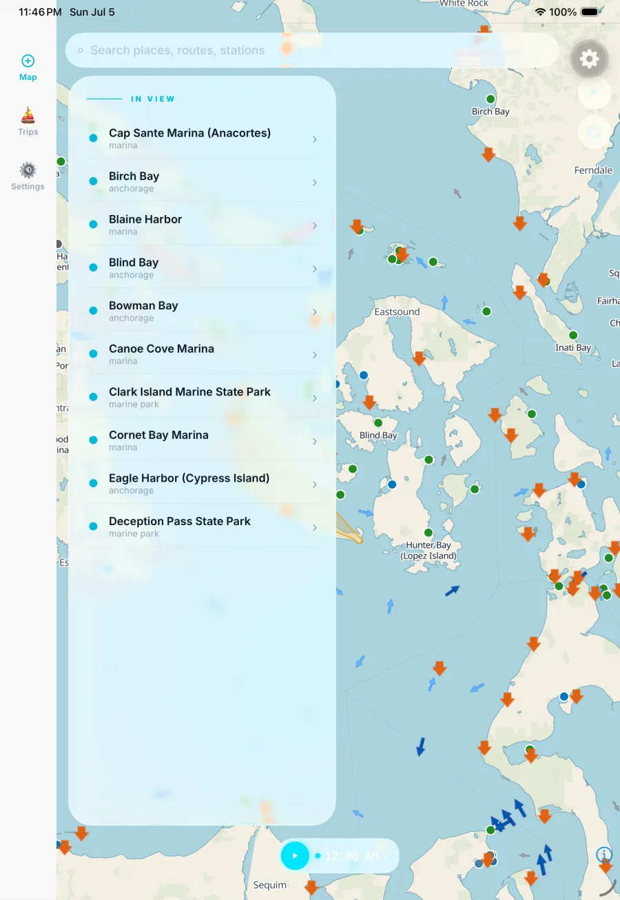 The BoatRoutes app on iPad with the map and a places panel side by side